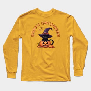 Happy Catoween Black Kitten Cat and Pumpkins Cheeky Witch® Long Sleeve T-Shirt